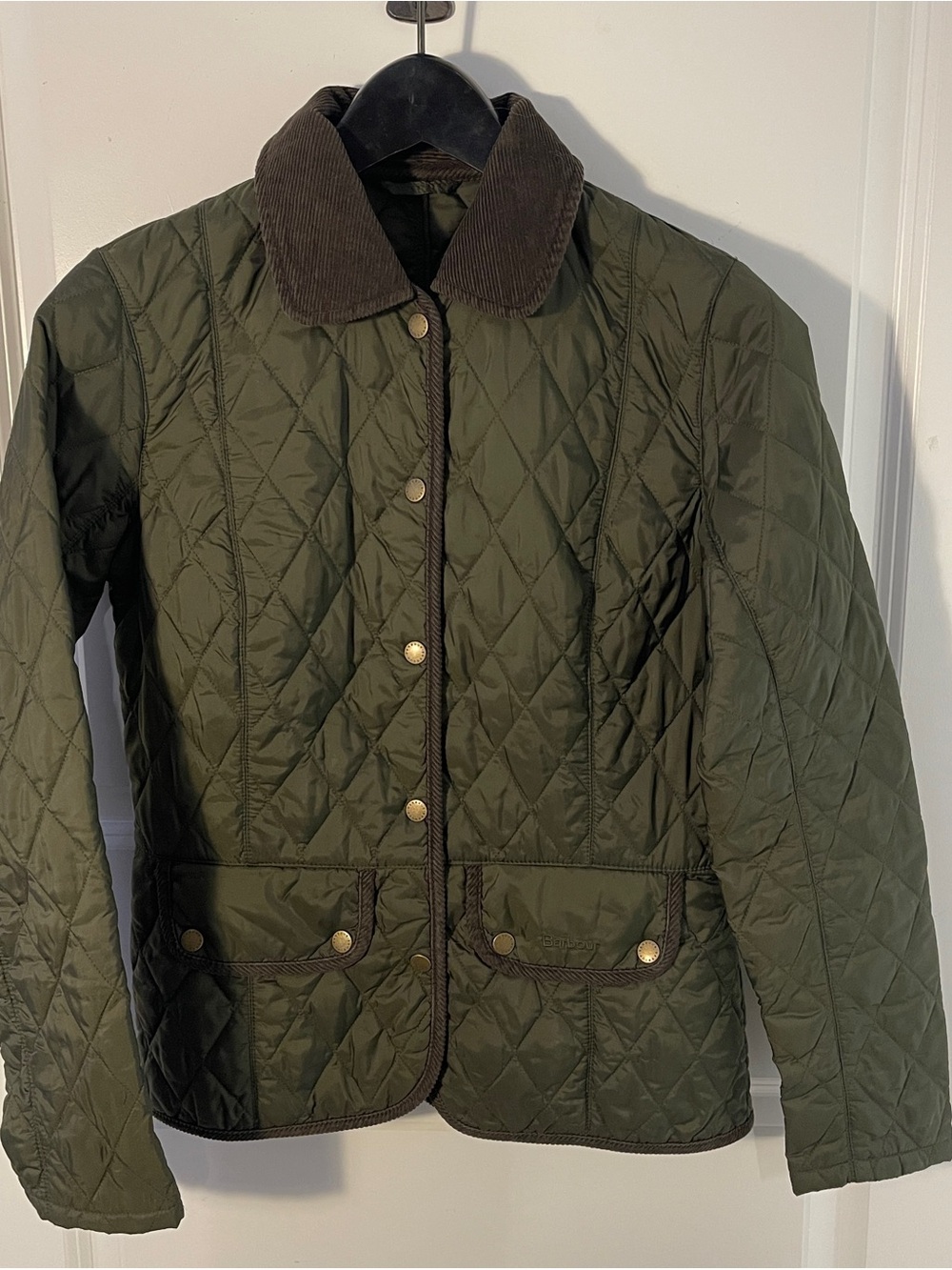 Barbour Quilted Jacket, Olive Green with Brown Corduroy Finishes